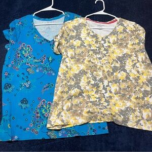 Laura Scott & St. Johns Bay Lot 2 Tops 1X Short Sleeve Scoop Vneck Cotton Floral